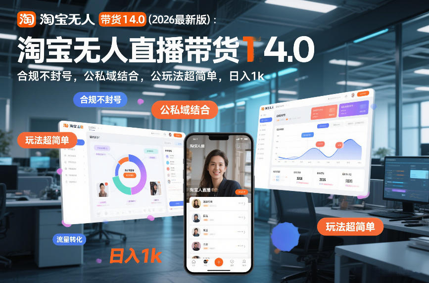 淘宝无人直播带货14.0(2026最新版)：合规不封号，公私域结合，玩法超简单，日入1k+【揭秘】-优创库云网创