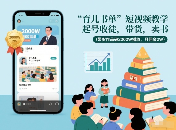 育儿书单短视频教学，起号收徒，带货，卖书(带货作品破2000W播放，月佣金2W)-优创库云网创