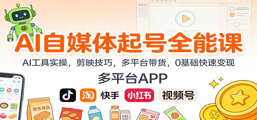 AI自媒体起号全能课：AI工具实操，剪映技巧，多平台带货，0基础快速变现-优创库云网创