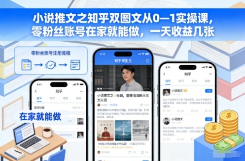 小说推文之知乎双图文从0—1实操课，零粉丝账号在家就能做，一天收益几张-优创库云网创