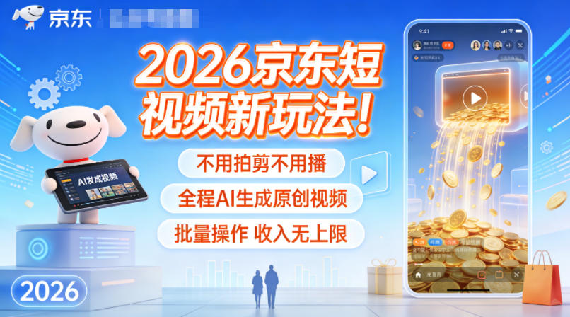 2026京东短视频新玩法！不用拍剪不用播，全程AI生成原创视频，批量操作收入无上限-优创库云网创