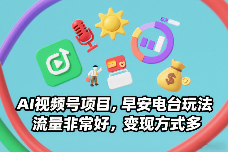 AI视频号项目，早安电台玩法，流量非常好，变现方式多-优创库云网创