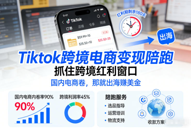 Tiktok跨境电商变现陪跑，抓住跨境红利窗口，国内电商卷，那就出海賺美金-优创库云网创