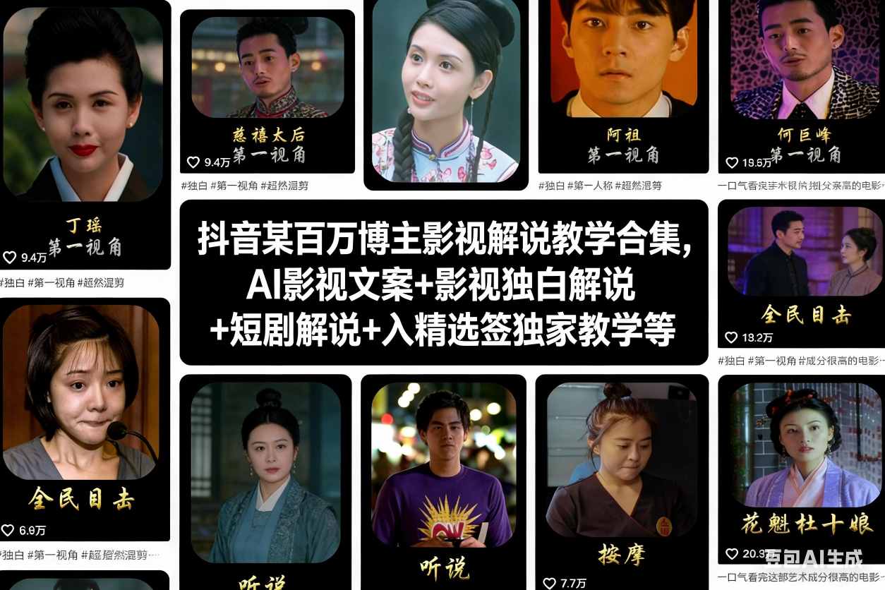 抖音某百万博主影视解说教学合集，AI影视文案+影视独白解说+短剧解说+入精选签独家教学等-优创库云网创