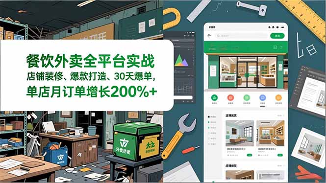 餐饮外卖全平台实战，店铺装修、爆款打造、30天爆单，手把手教学，单店月订单增长200%+-优创库云网创
