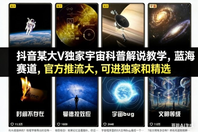抖音某大V独家宇宙科普解说教学，蓝海赛道，官方推流大，可进独家和精选-优创库云网创