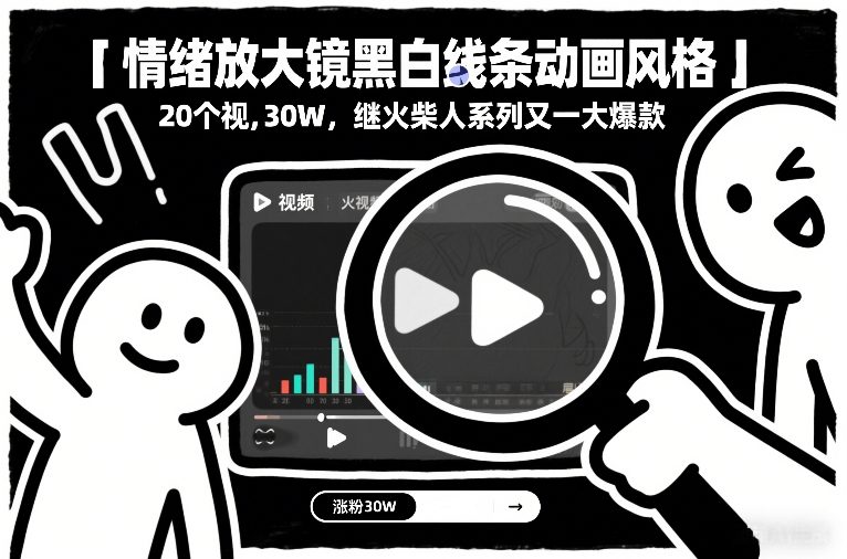 情绪放大镜黑白线条动画风格，20个视频，涨粉30W，继火柴人系列又一大爆款-优创库云网创