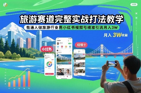 旅游赛道完整实战打法教学，普通人做旅游行业用小红书视频号精准引流月入3W-优创库云网创