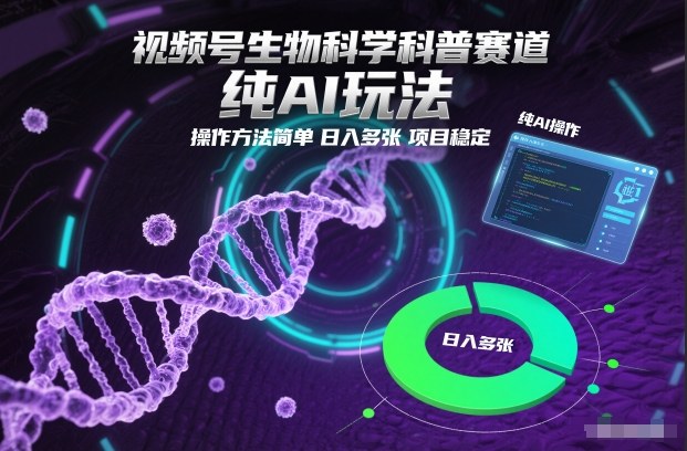 视频号生物科学科普赛道，纯AI玩法，操作方法简单，日入多张，项目稳定-优创库云网创