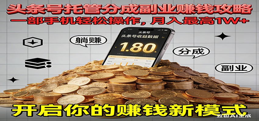 全程托管今日头条，一部手机就可以开干，最高躺赚1W+-优创库云网创