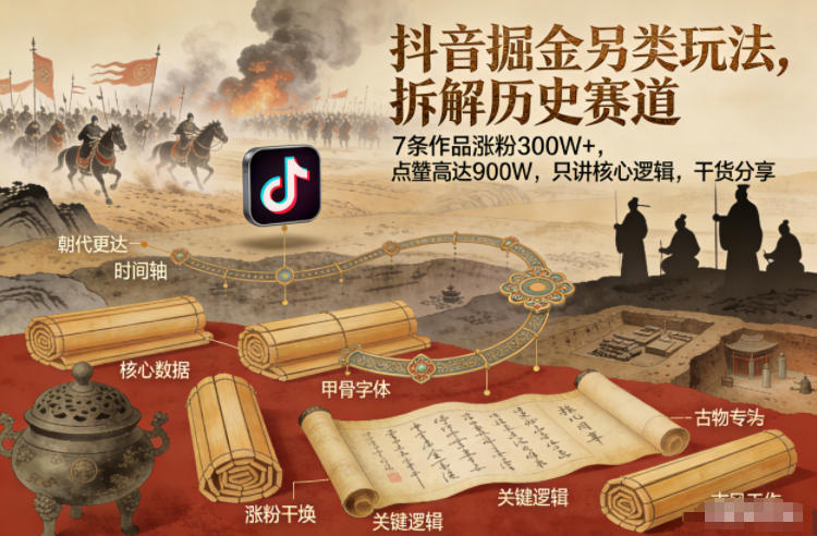 抖音掘金另类玩法，拆解历史赛道，7条作品涨粉300W+，点赞量高达900W，只讲核心逻辑，干货分享-优创库云网创