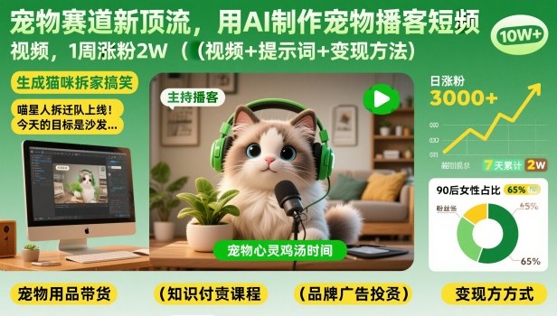 宠物赛道新顶流，用AI制作宠物播客短视频，1周涨粉2W(视频+提示词+变现方法)-优创库云网创