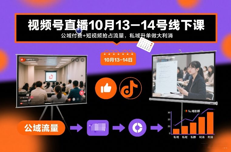 视频号直播10月13-14号线下课，公域付费+短视频抢占流量，私域升单做大利消-优创库云网创