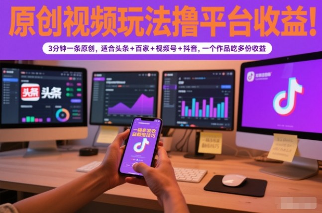 原创视频玩法撸平台收益，3分钟一条原创，适合头条+百家+视频号+抖音，一个作品吃多份收益-优创库云网创