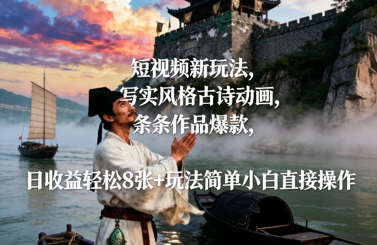 短视频新玩法，写实风格古诗动画，条条作品爆款，日收益轻松8张+玩法简单小白直接操作-优创库云网创