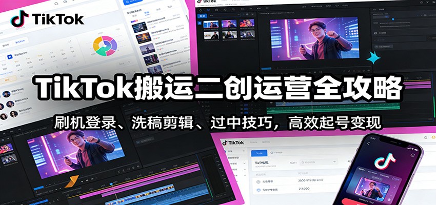 TikTok搬运二创运营全攻略：刷机登录、洗稿剪辑 、过中技巧，高效起号变现-优创库云网创
