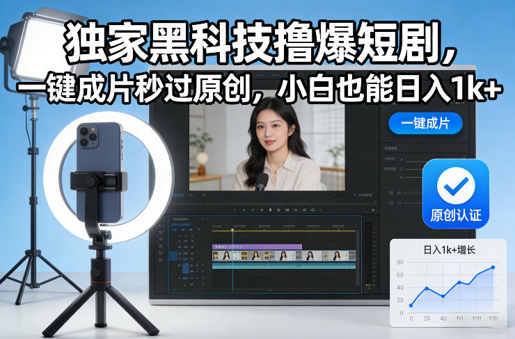 独家黑科技撸爆短剧，一键成片秒过原创，小白也能日入1k+【揭秘】-优创库云网创