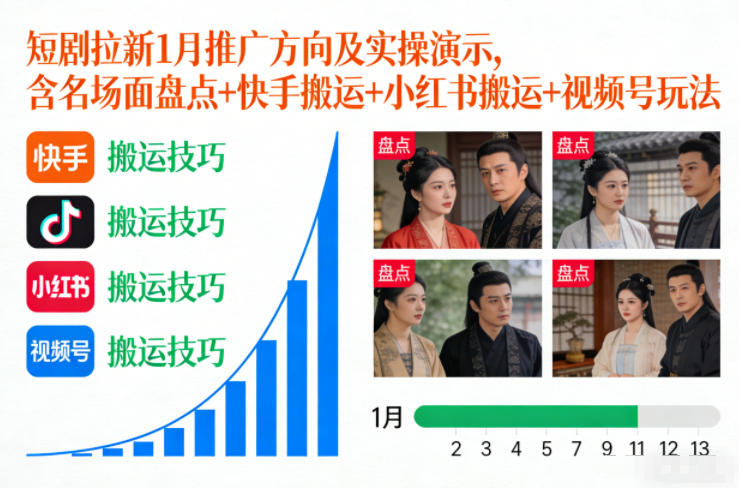 短剧拉新1月推广方向及实操演示，含名场面盘点+快手搬运+小红书搬运+视频号玩法-优创库云网创