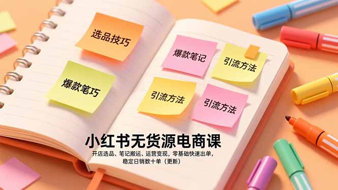 小红书无货源电商课，开店选品、笔记搬运、运营变现，零基础快速出单，稳定日销数十单(更新-优创库云网创