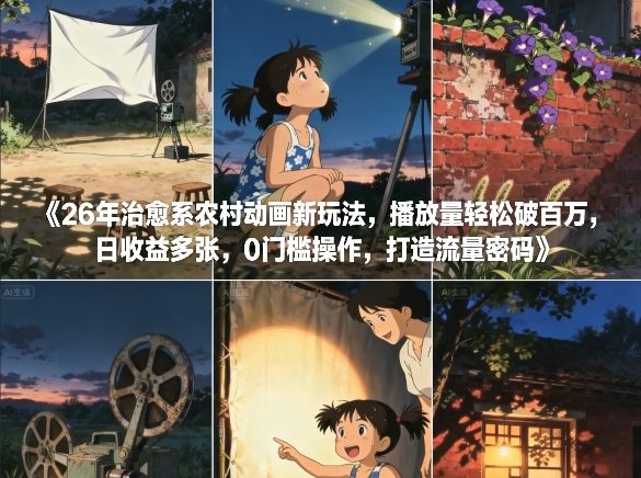 26年治愈系农村动画新玩法，播放量轻松破百万，日收益多张，0门槛操作，打造流量密码-优创库云网创